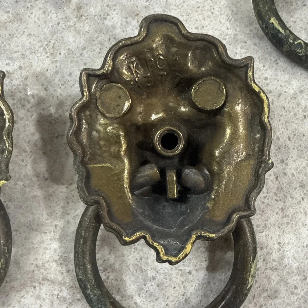 6 Vintage Brass Lion Head Dresser Chest Drawer Knob Cabinet Pull Patina 3D READ